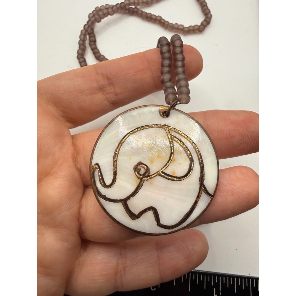 Vintage Artisan Mother of Pearl Elephant Pendant Necklace Frosted Purple Beads